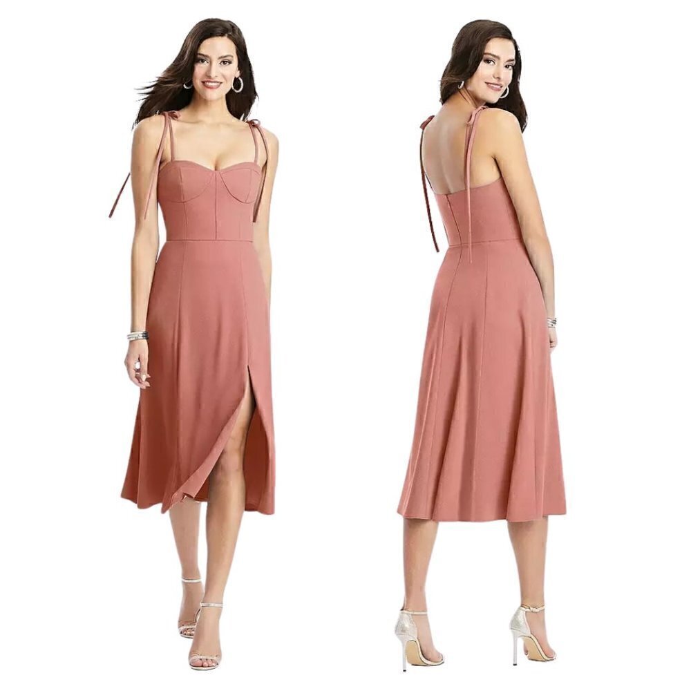 Dessy Collection NWOT Bustier Crepe Midi Dress Desert Rose 16 Bow Straps Pink